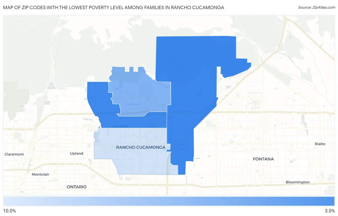 Zip Codes with the Lowest Poverty Level Among Families in Rancho Cucamonga Map