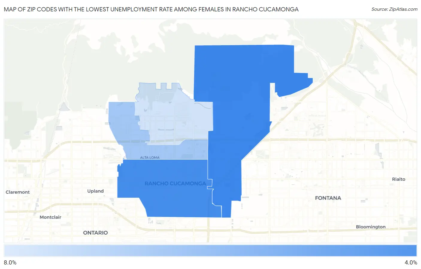 Zip Codes with the Lowest Unemployment Rate Among Females in Rancho Cucamonga Map