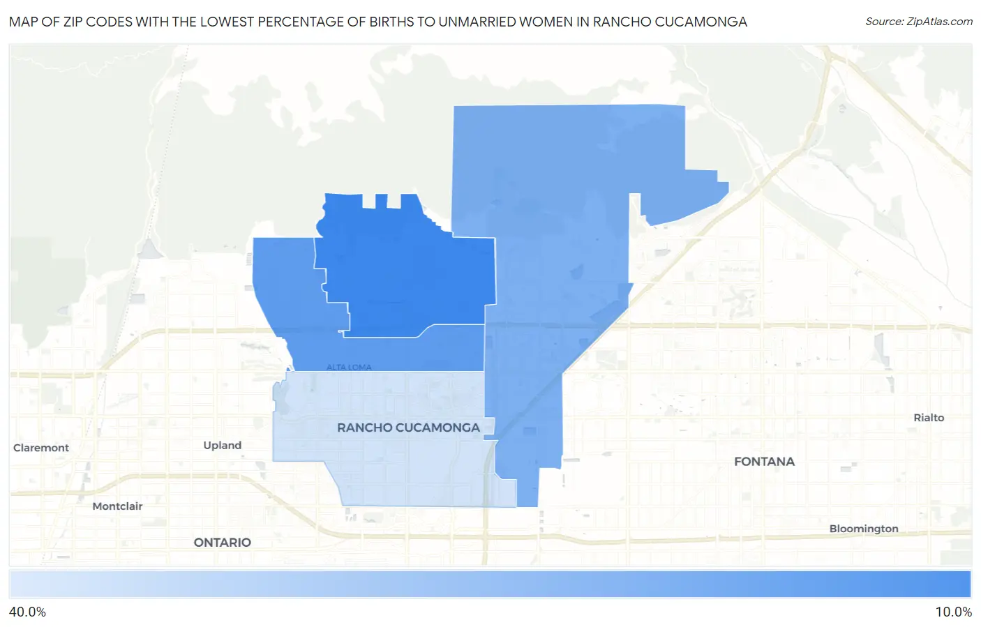 Zip Codes with the Lowest Percentage of Births to Unmarried Women in Rancho Cucamonga Map