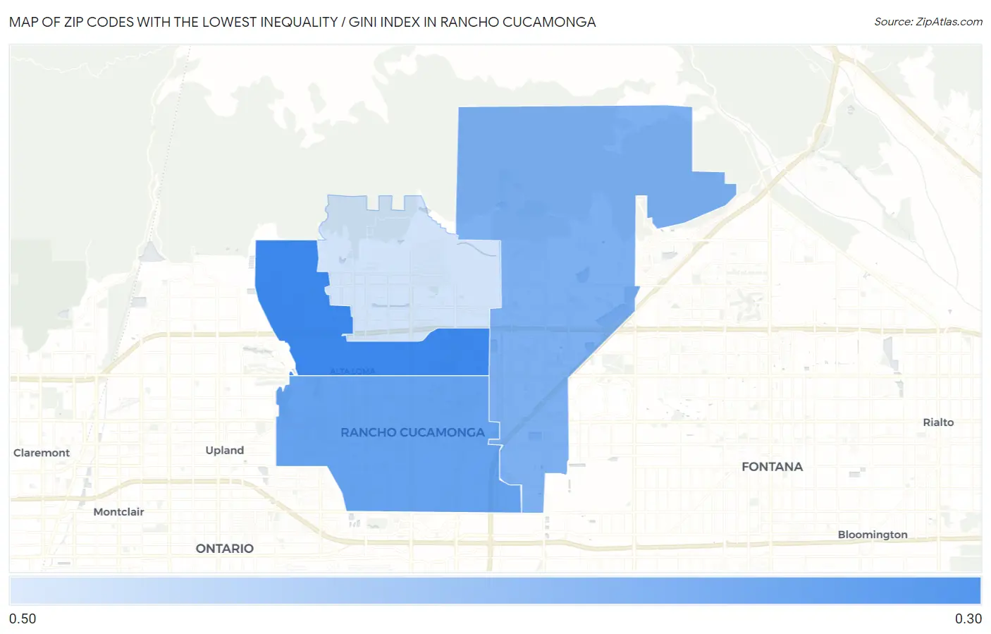 Zip Codes with the Lowest Inequality / Gini Index in Rancho Cucamonga Map
