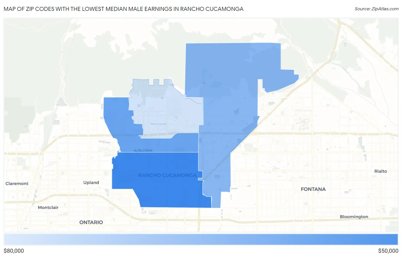 Zip Codes with the Lowest Median Male Earnings in Rancho Cucamonga Map