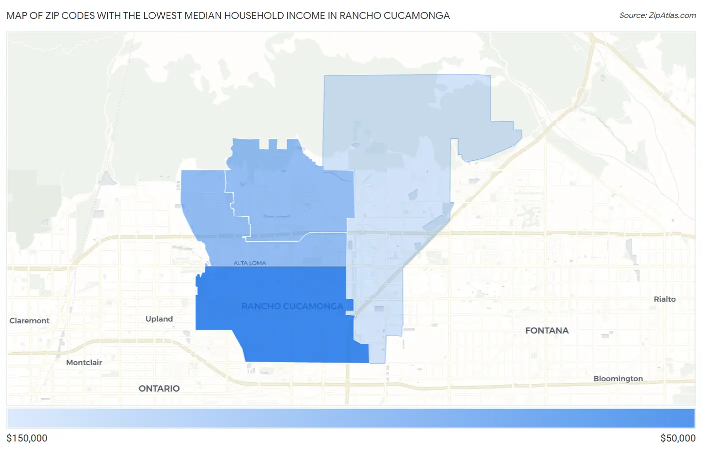 Zip Codes with the Lowest Median Household Income in Rancho Cucamonga Map