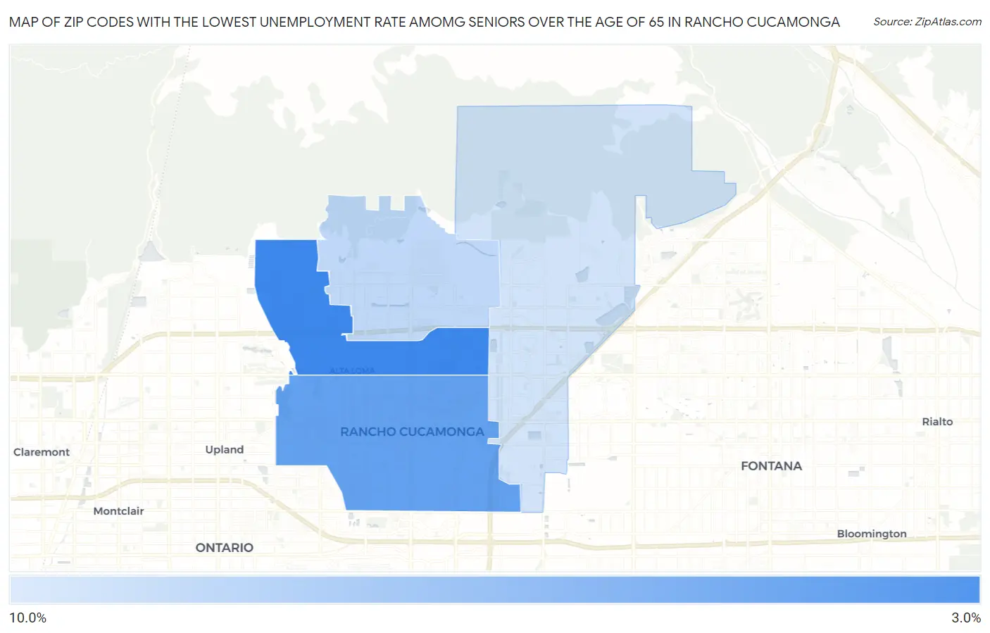 Zip Codes with the Lowest Unemployment Rate Amomg Seniors Over the Age of 65 in Rancho Cucamonga Map