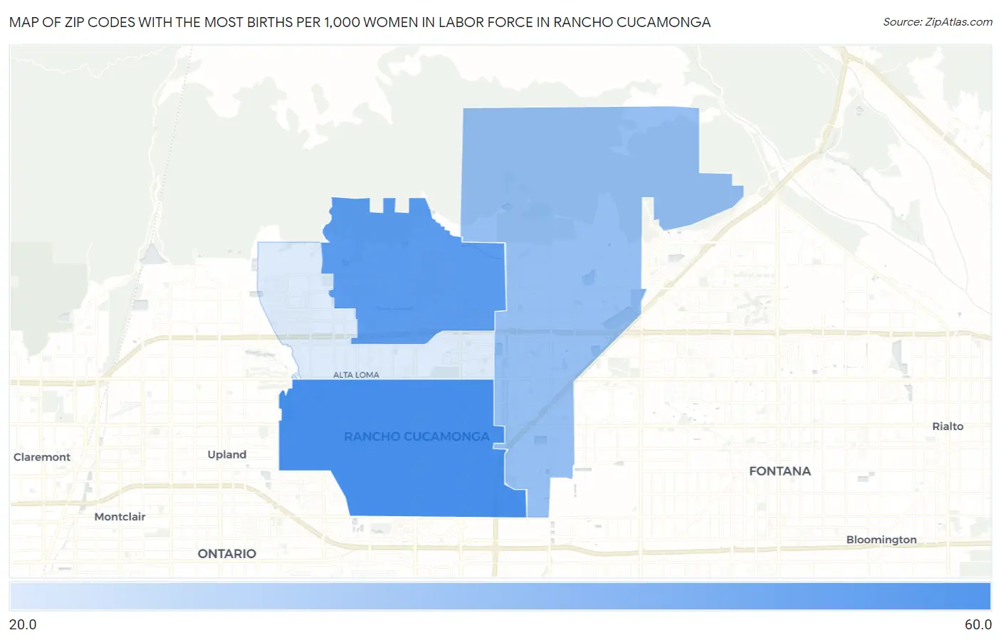 Zip Codes with the Most Births per 1,000 Women in Labor Force in Rancho Cucamonga Map