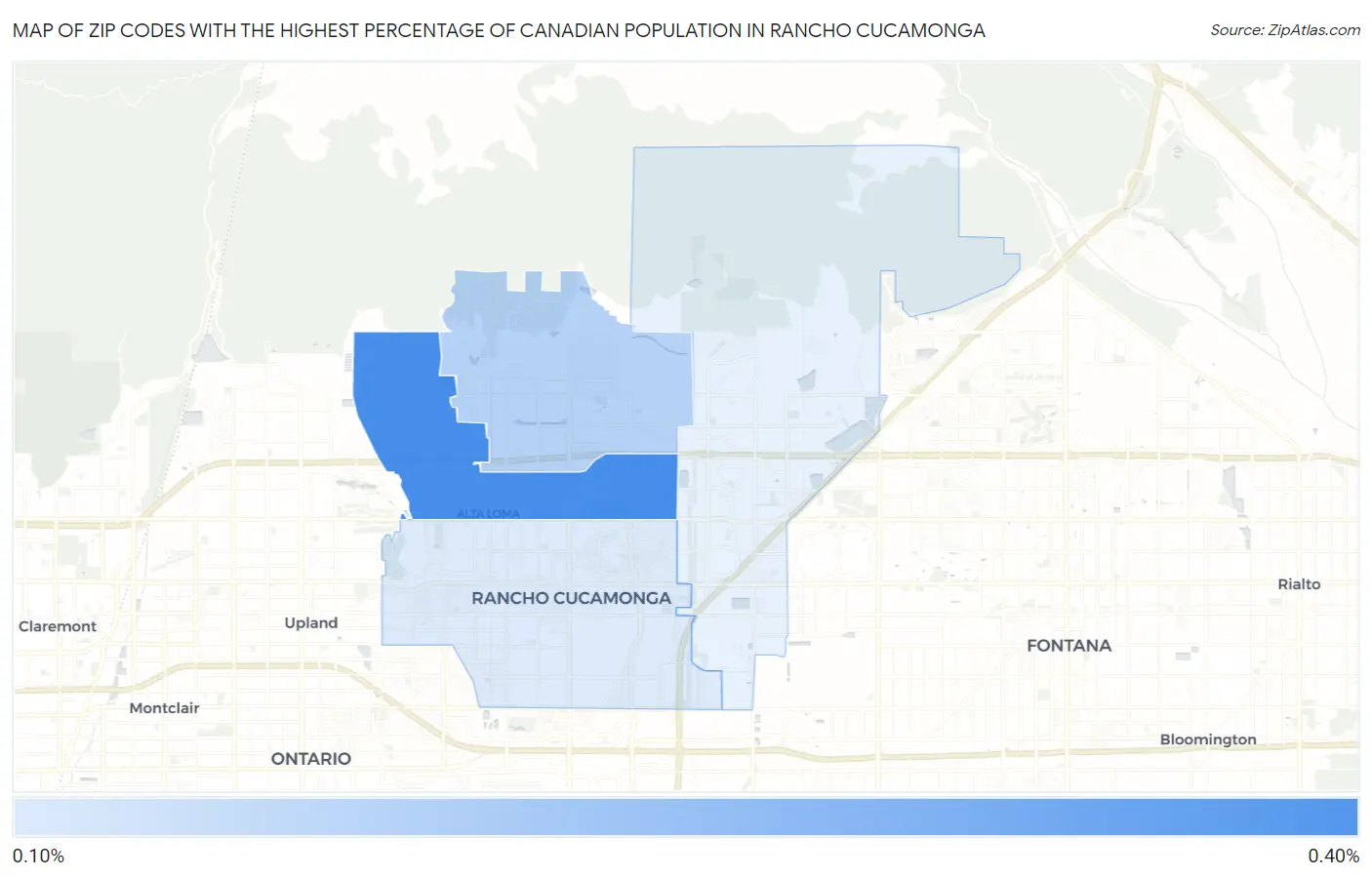 Zip Codes with the Highest Percentage of Canadian Population in Rancho Cucamonga Map