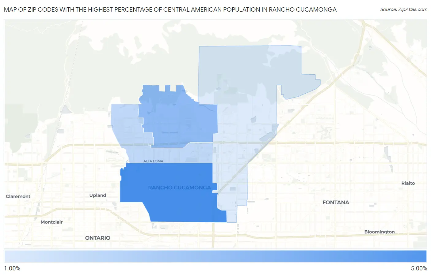 Zip Codes with the Highest Percentage of Central American Population in Rancho Cucamonga Map