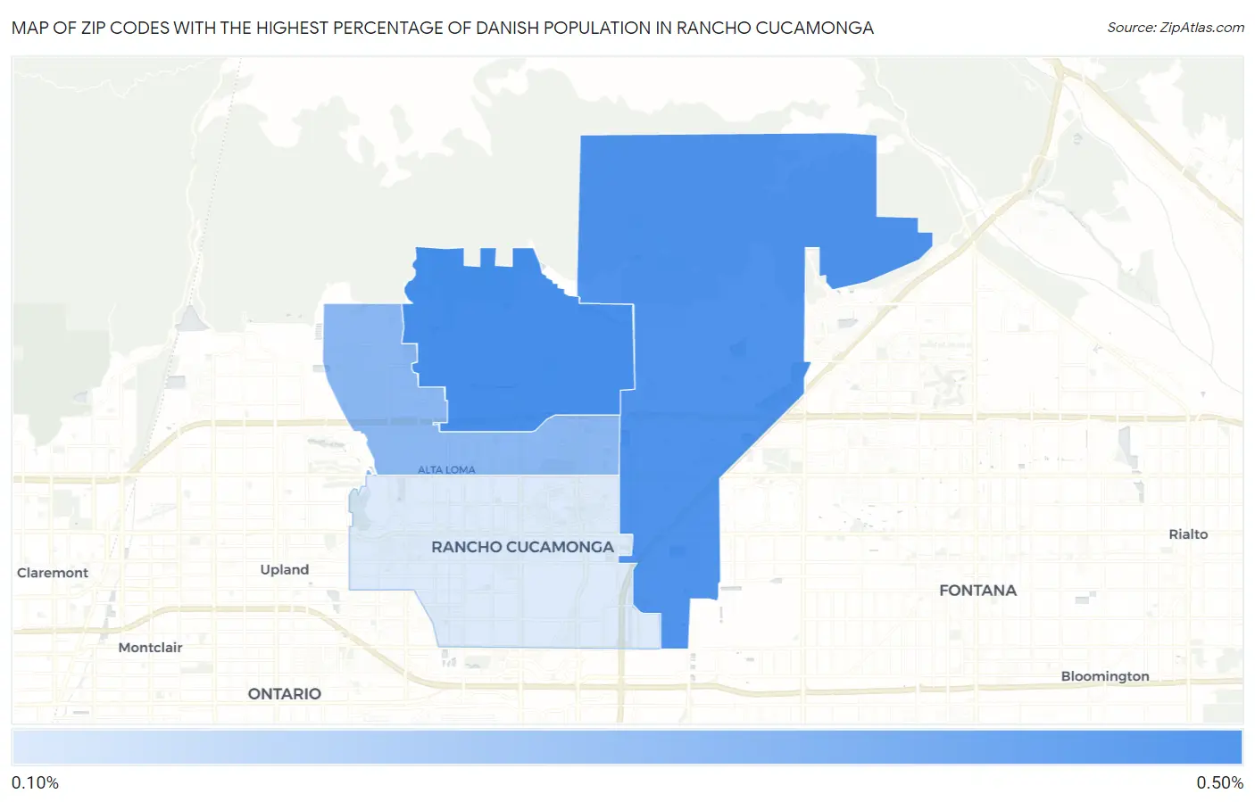Zip Codes with the Highest Percentage of Danish Population in Rancho Cucamonga Map