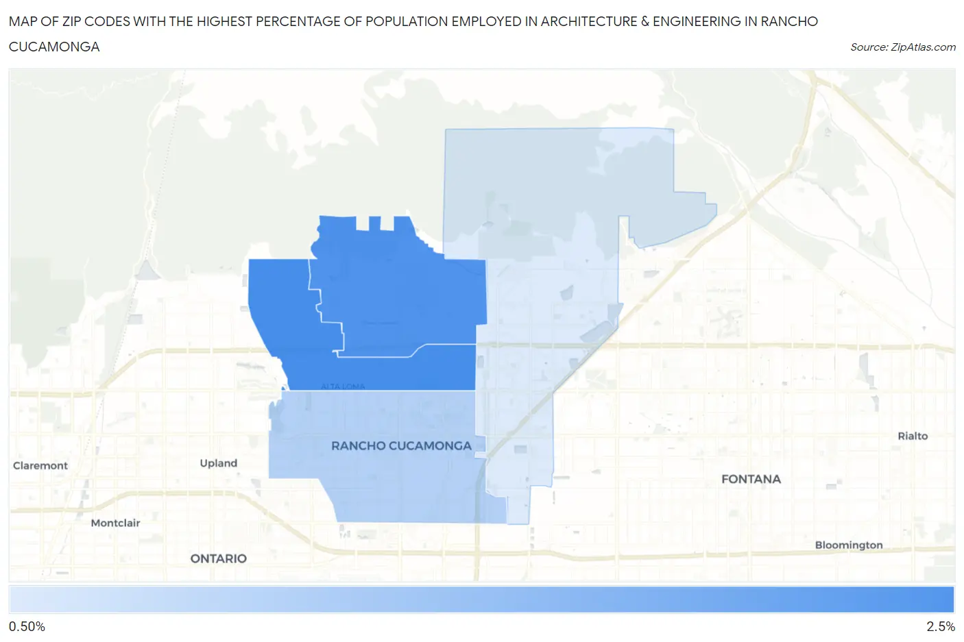 Zip Codes with the Highest Percentage of Population Employed in Architecture & Engineering in Rancho Cucamonga Map