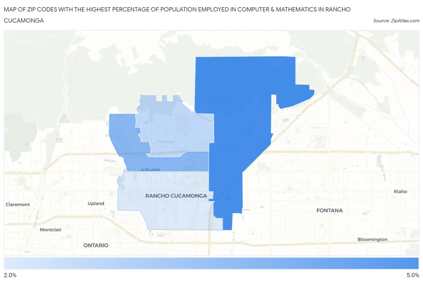 Zip Codes with the Highest Percentage of Population Employed in Computer & Mathematics in Rancho Cucamonga Map