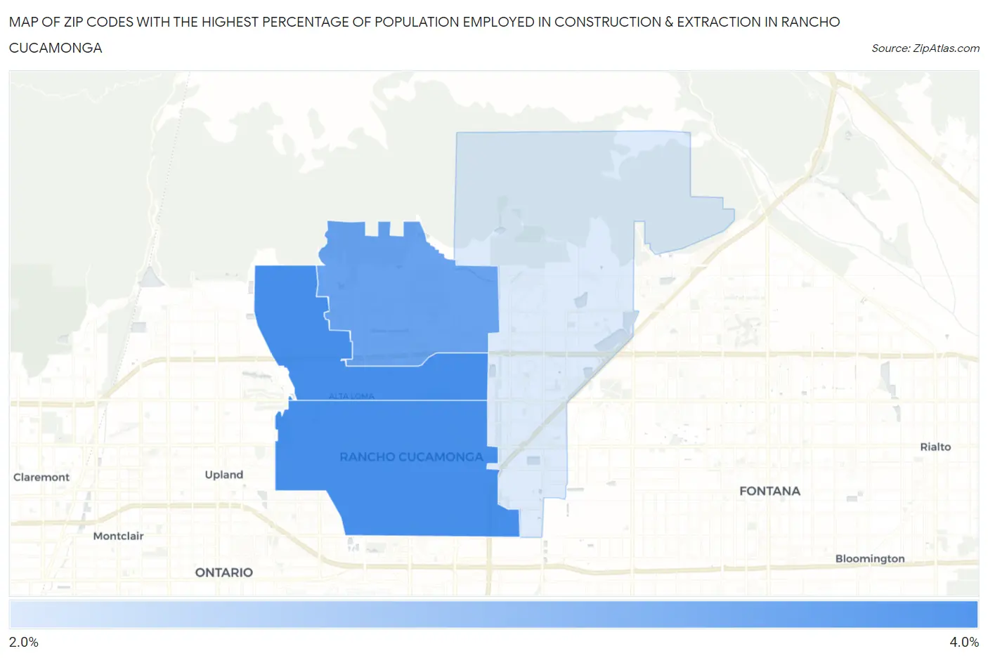 Zip Codes with the Highest Percentage of Population Employed in Construction & Extraction in Rancho Cucamonga Map