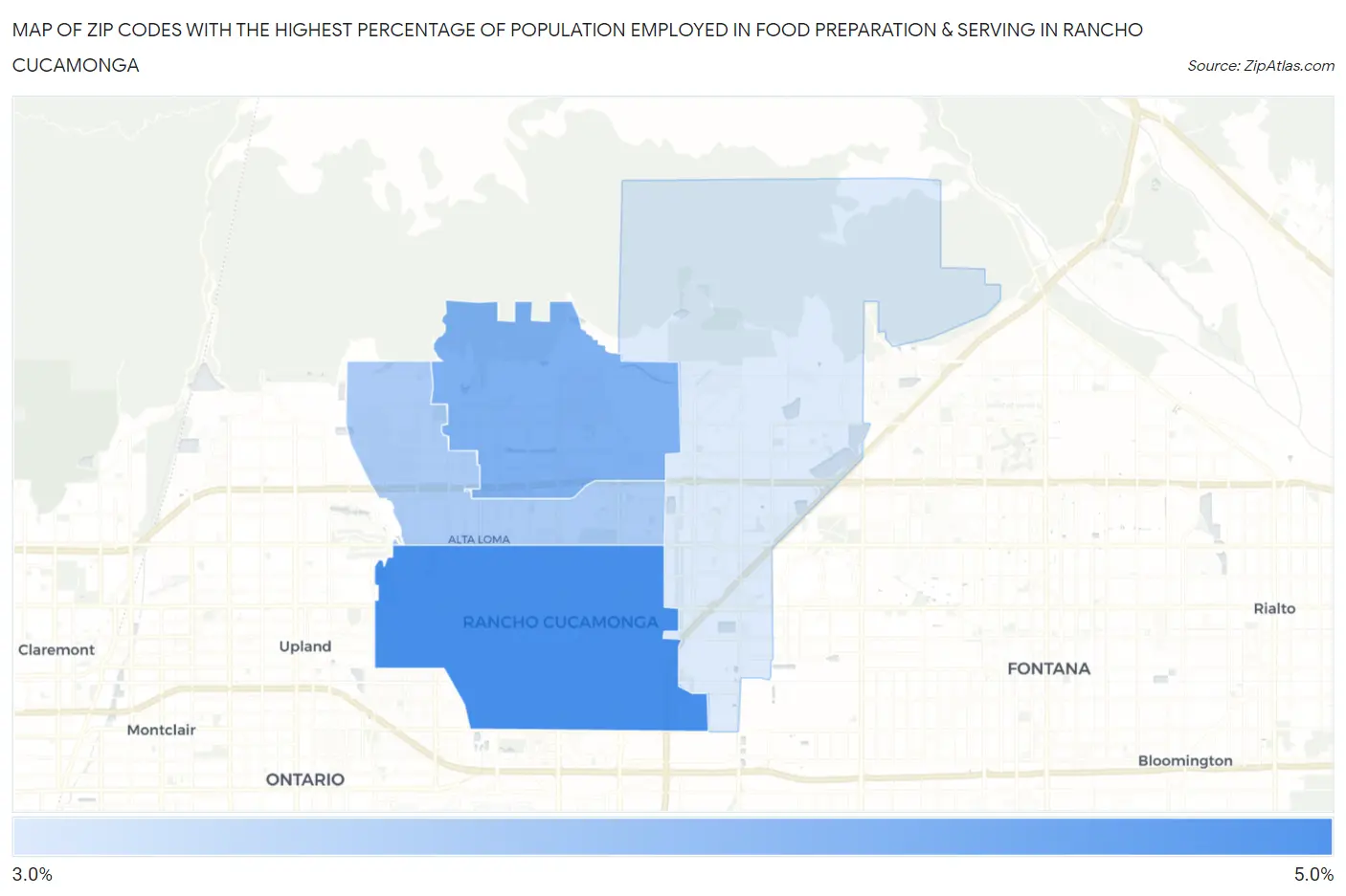 Zip Codes with the Highest Percentage of Population Employed in Food Preparation & Serving in Rancho Cucamonga Map