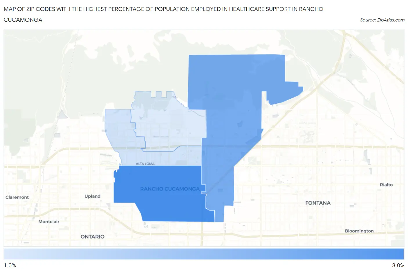 Zip Codes with the Highest Percentage of Population Employed in Healthcare Support in Rancho Cucamonga Map