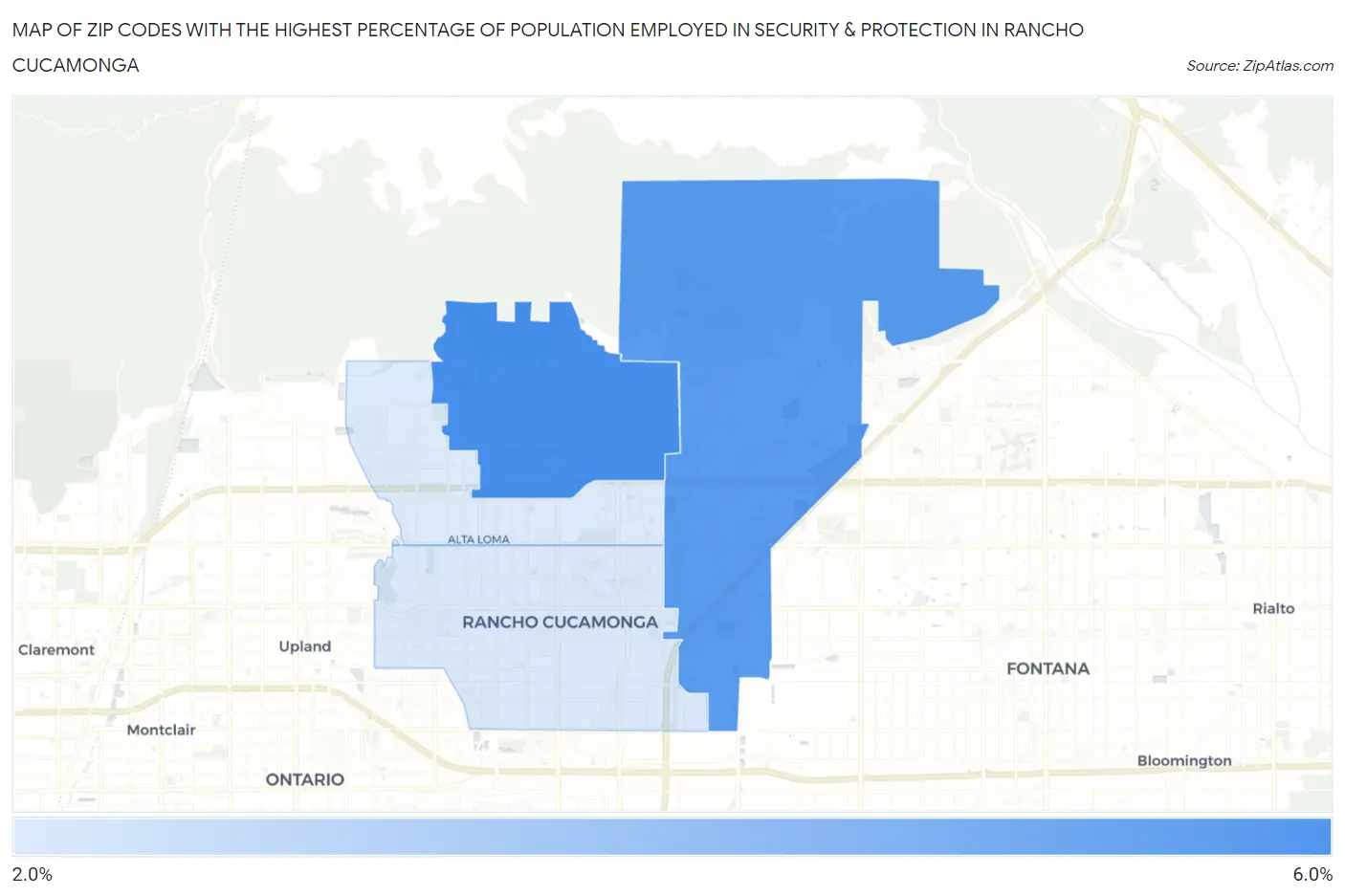 Zip Codes with the Highest Percentage of Population Employed in Security & Protection in Rancho Cucamonga Map
