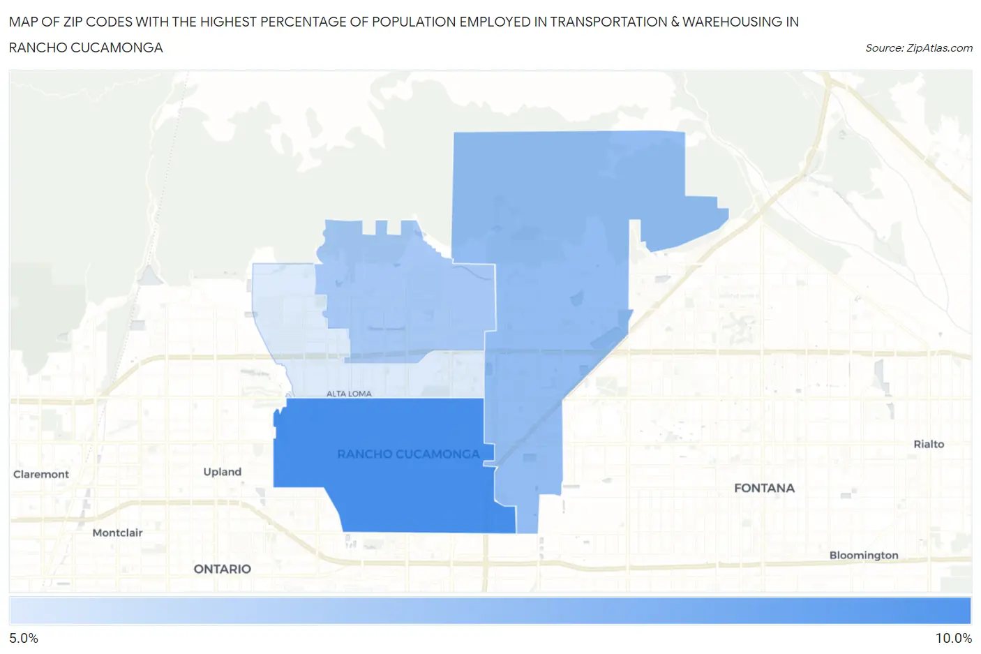Zip Codes with the Highest Percentage of Population Employed in Transportation & Warehousing in Rancho Cucamonga Map