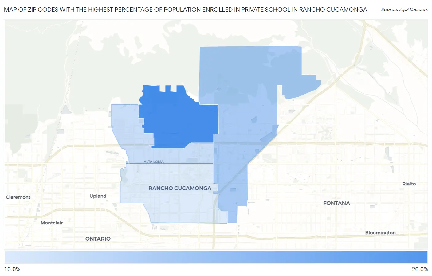 Zip Codes with the Highest Percentage of Population Enrolled in Private School in Rancho Cucamonga Map