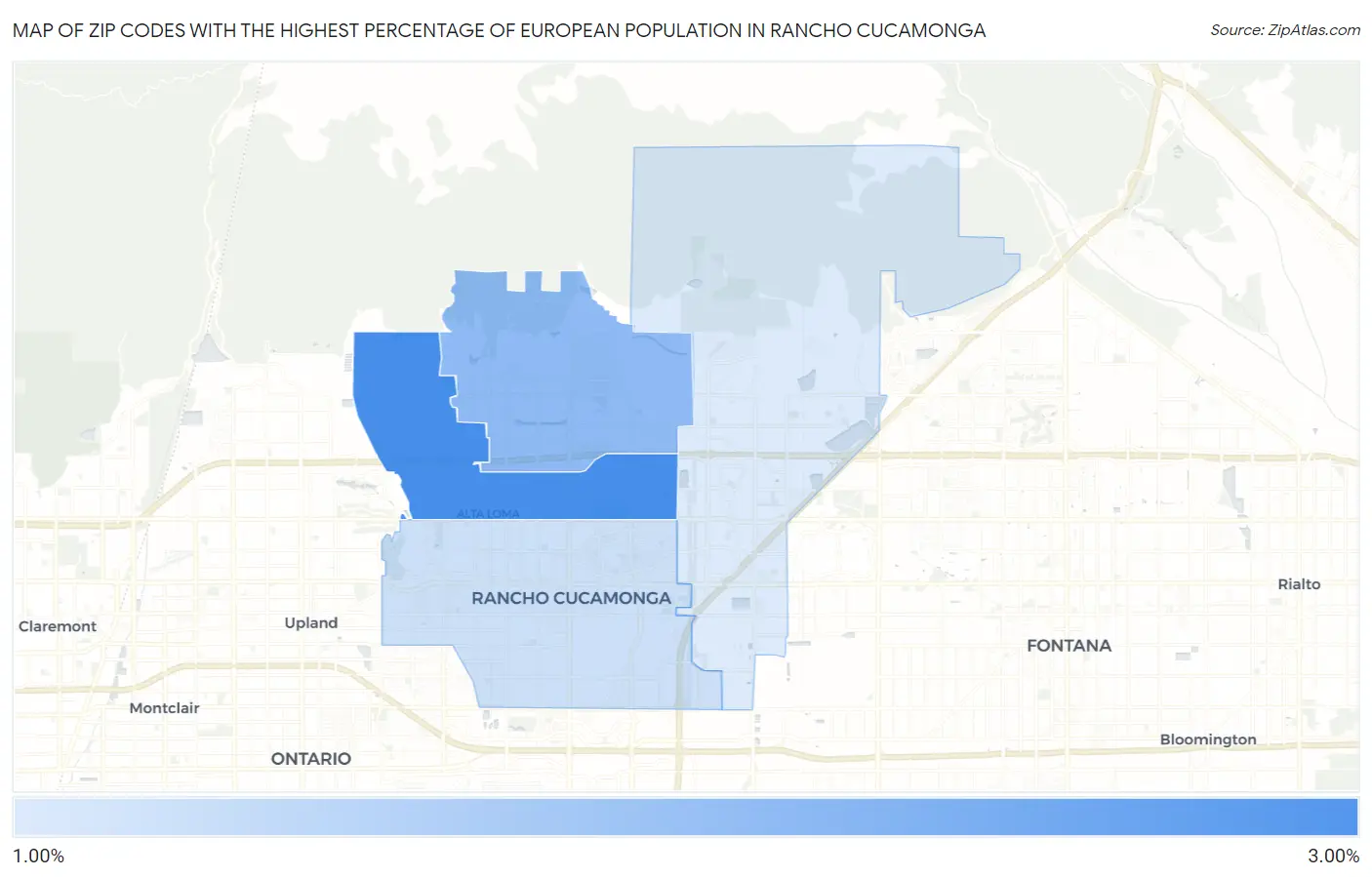 Zip Codes with the Highest Percentage of European Population in Rancho Cucamonga Map