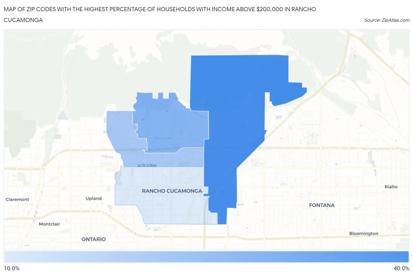 Zip Codes with the Highest Percentage of Households with Income Above $200,000 in Rancho Cucamonga Map