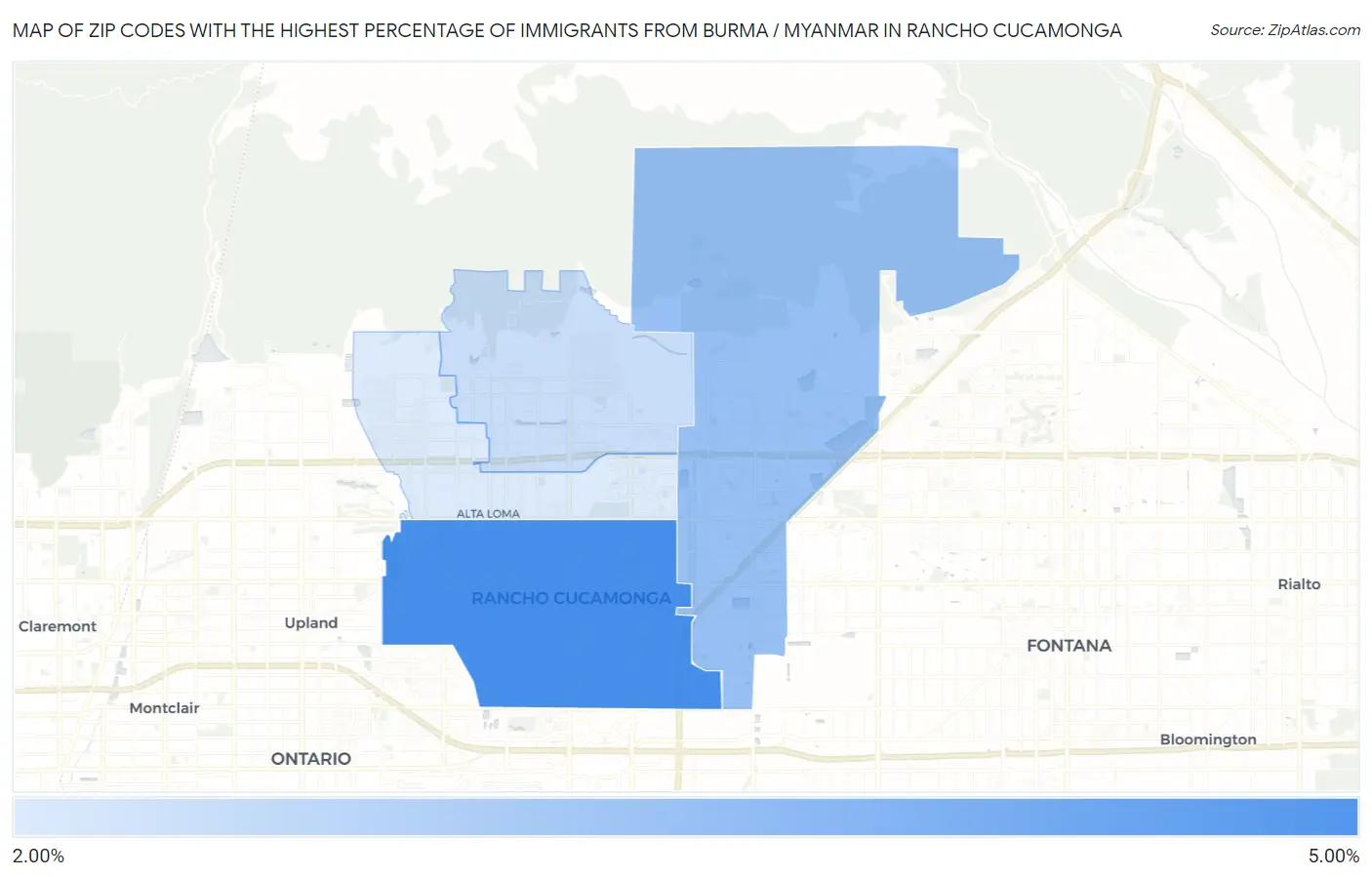 Zip Codes with the Highest Percentage of Immigrants from Burma / Myanmar in Rancho Cucamonga Map