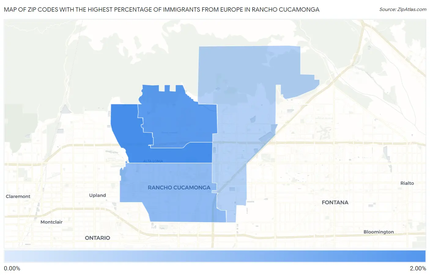 Zip Codes with the Highest Percentage of Immigrants from Europe in Rancho Cucamonga Map