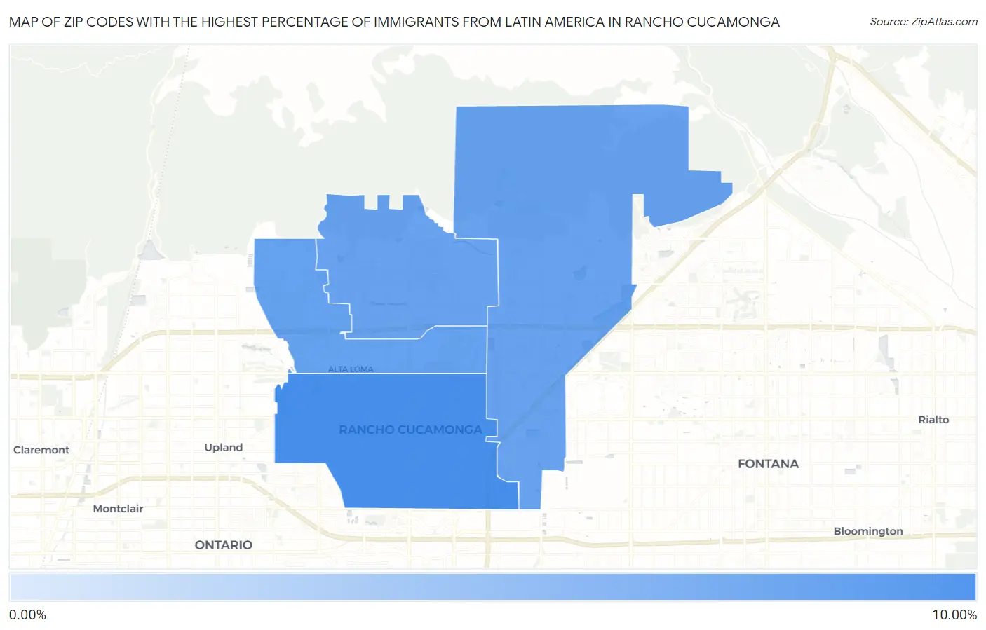 Zip Codes with the Highest Percentage of Immigrants from Latin America in Rancho Cucamonga Map