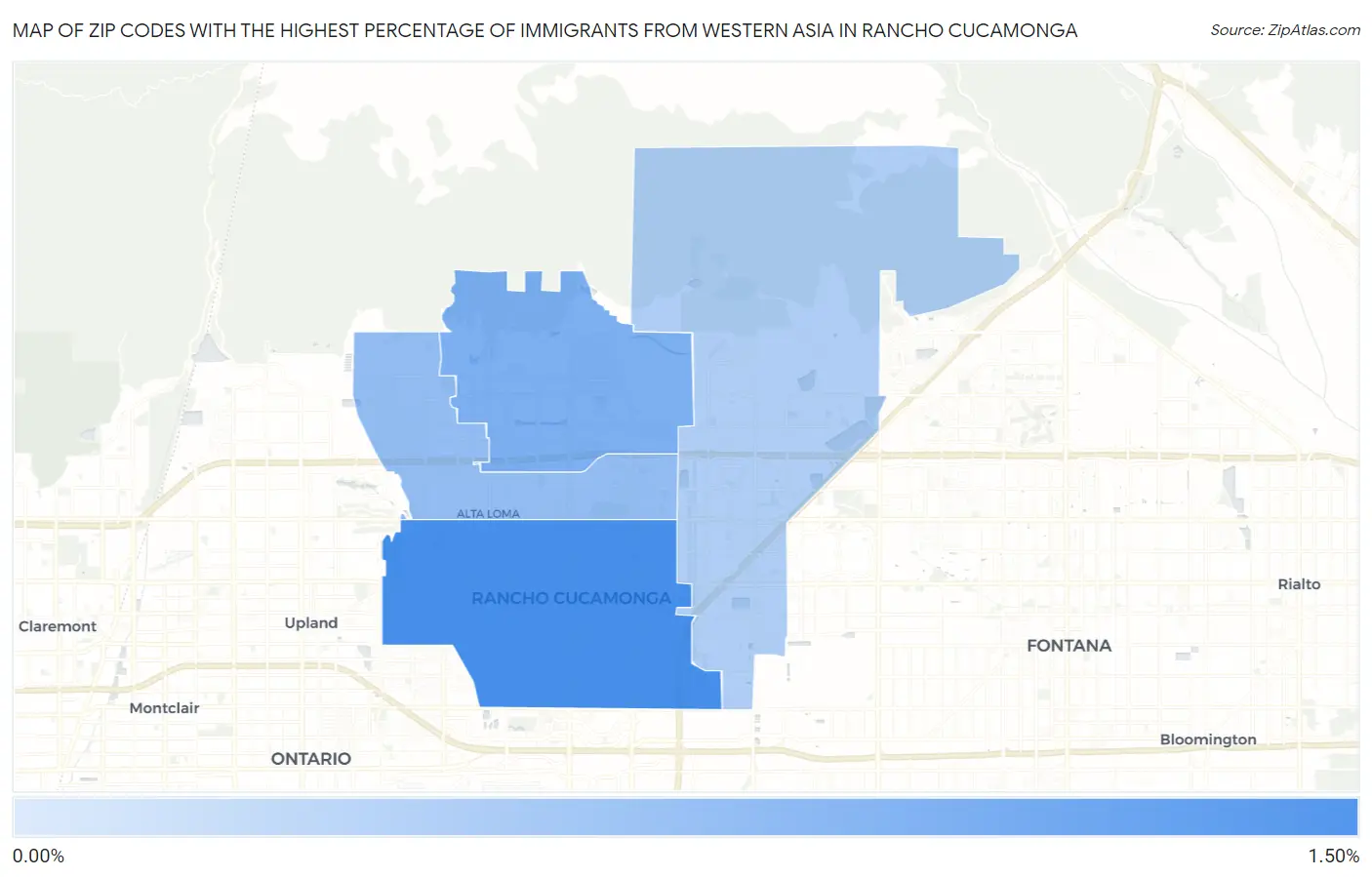 Zip Codes with the Highest Percentage of Immigrants from Western Asia in Rancho Cucamonga Map