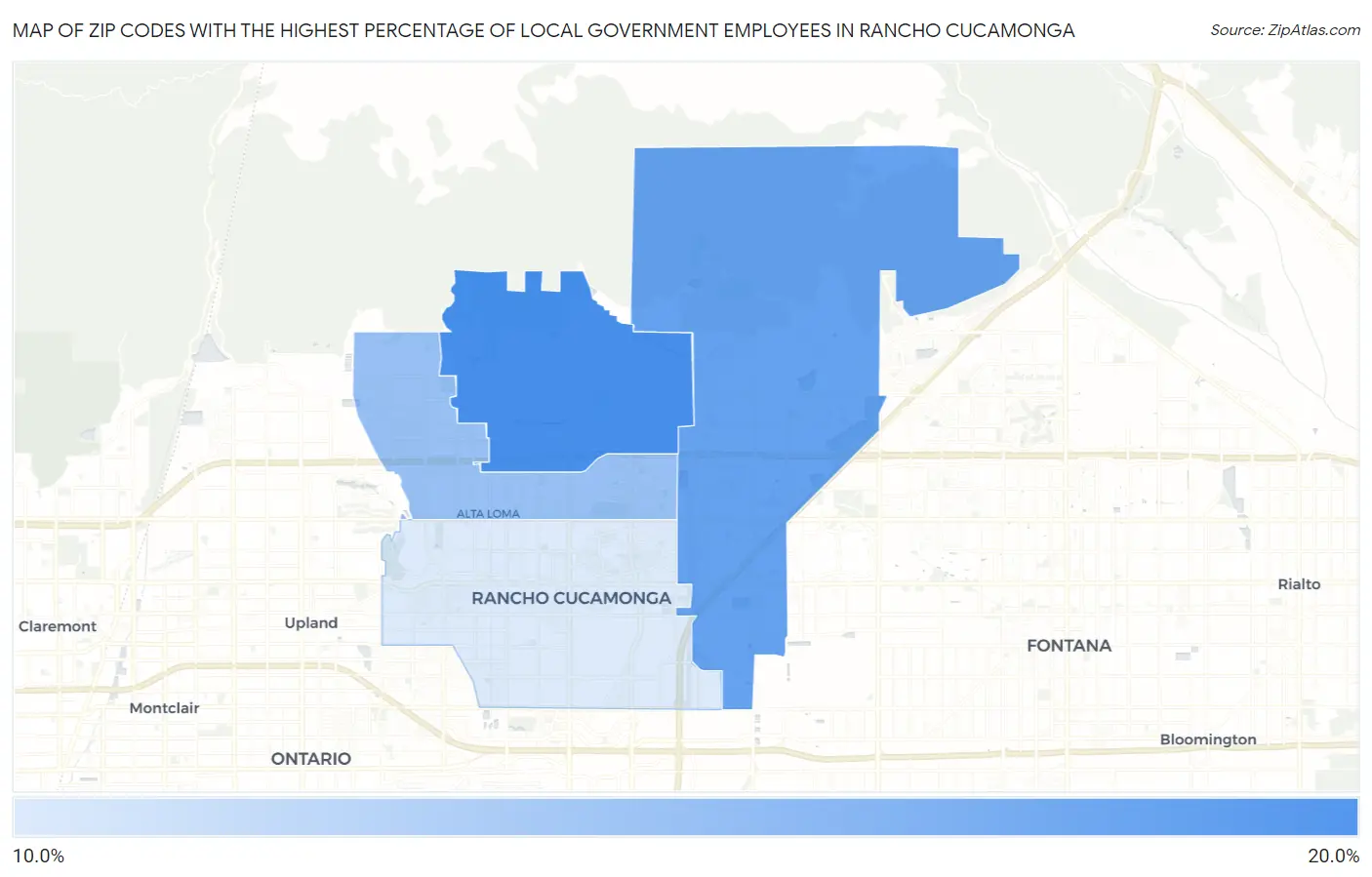 Zip Codes with the Highest Percentage of Local Government Employees in Rancho Cucamonga Map