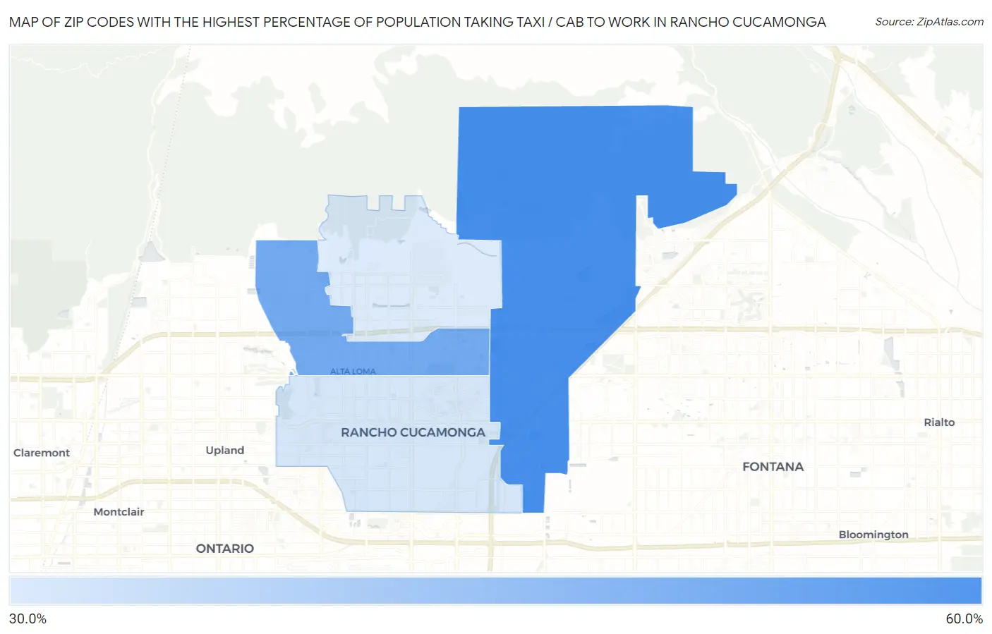 Zip Codes with the Highest Percentage of Population Taking Taxi / Cab to Work in Rancho Cucamonga Map