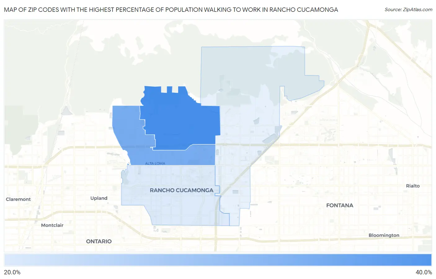 Zip Codes with the Highest Percentage of Population Walking to Work in Rancho Cucamonga Map