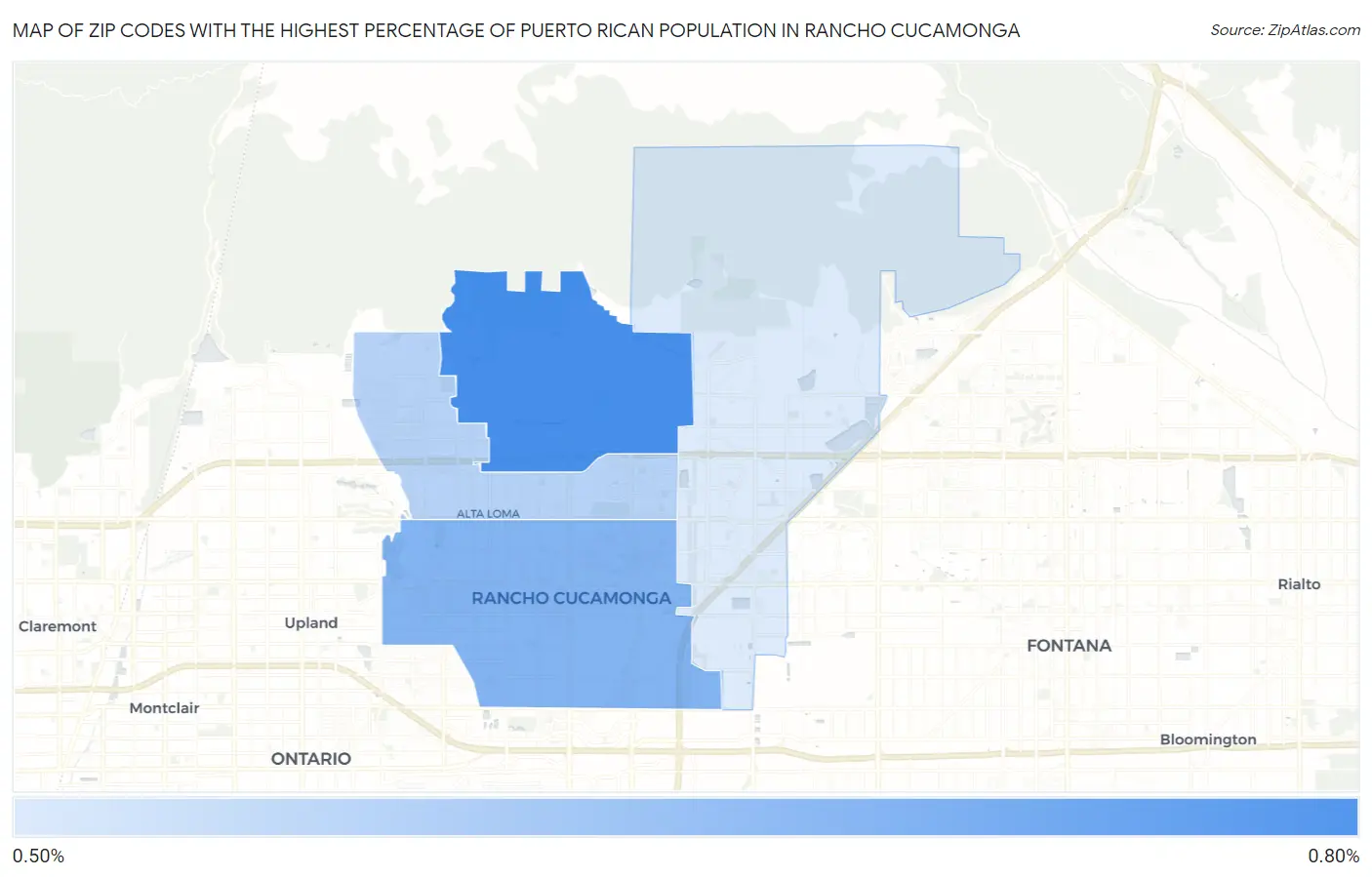 Zip Codes with the Highest Percentage of Puerto Rican Population in Rancho Cucamonga Map