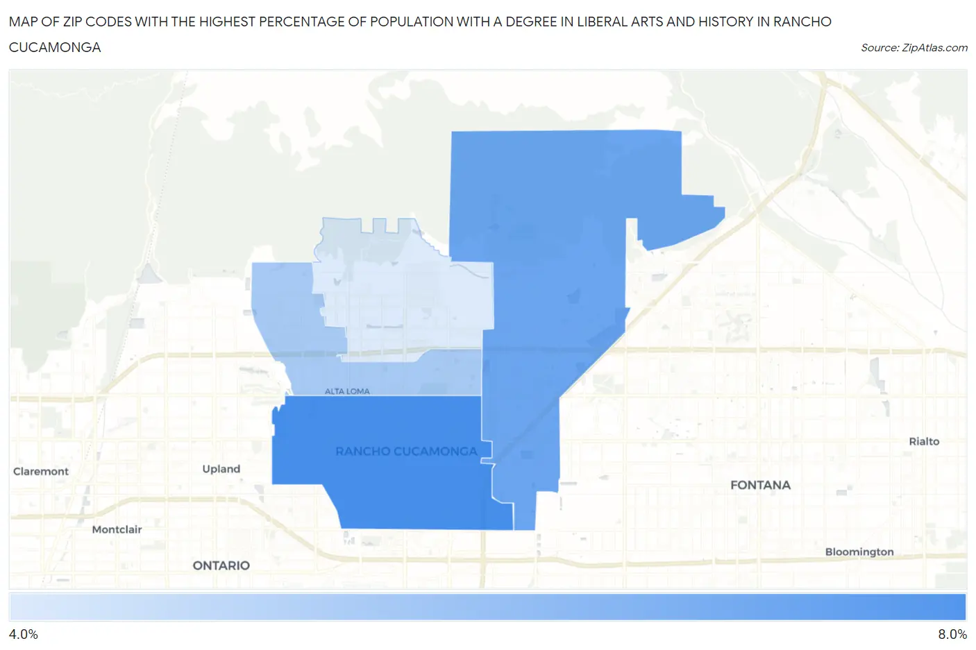 Zip Codes with the Highest Percentage of Population with a Degree in Liberal Arts and History in Rancho Cucamonga Map
