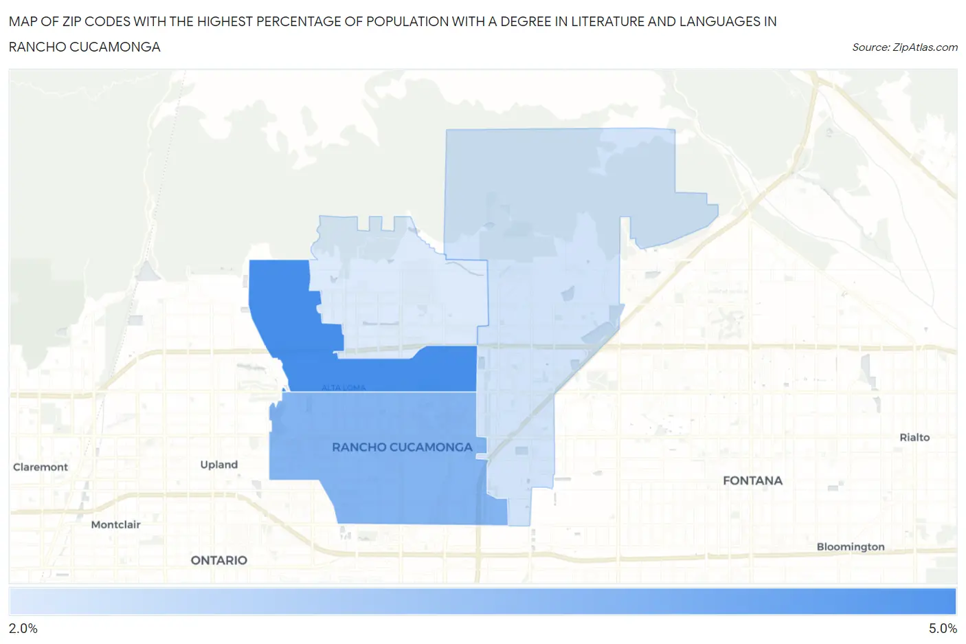 Zip Codes with the Highest Percentage of Population with a Degree in Literature and Languages in Rancho Cucamonga Map