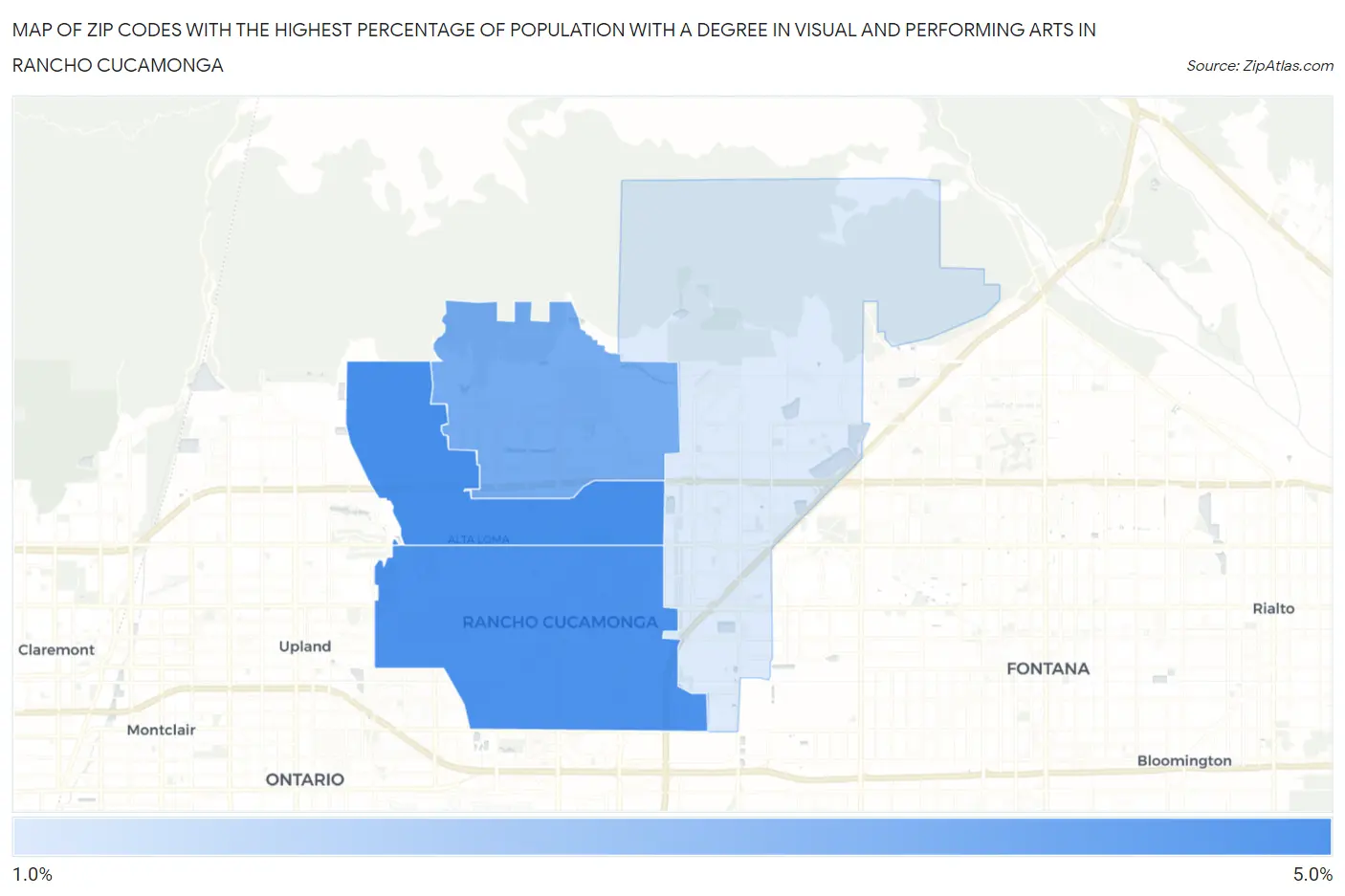 Zip Codes with the Highest Percentage of Population with a Degree in Visual and Performing Arts in Rancho Cucamonga Map