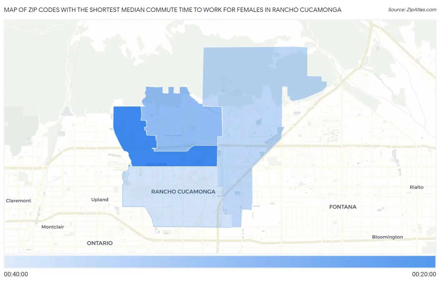 Zip Codes with the Shortest Median Commute Time to Work for Females in Rancho Cucamonga Map