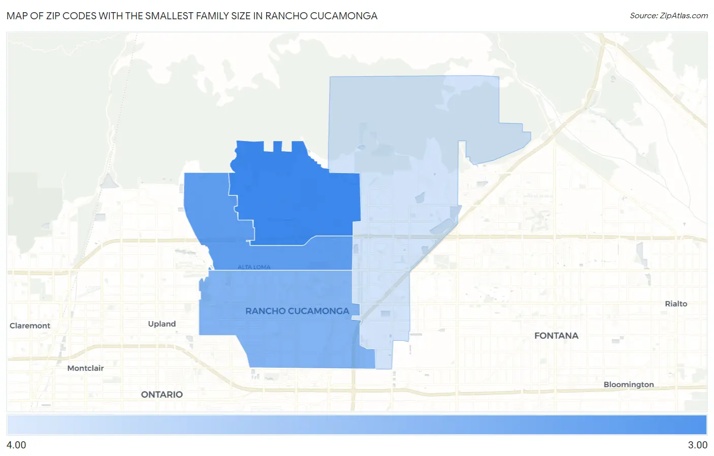 Zip Codes with the Smallest Family Size in Rancho Cucamonga Map