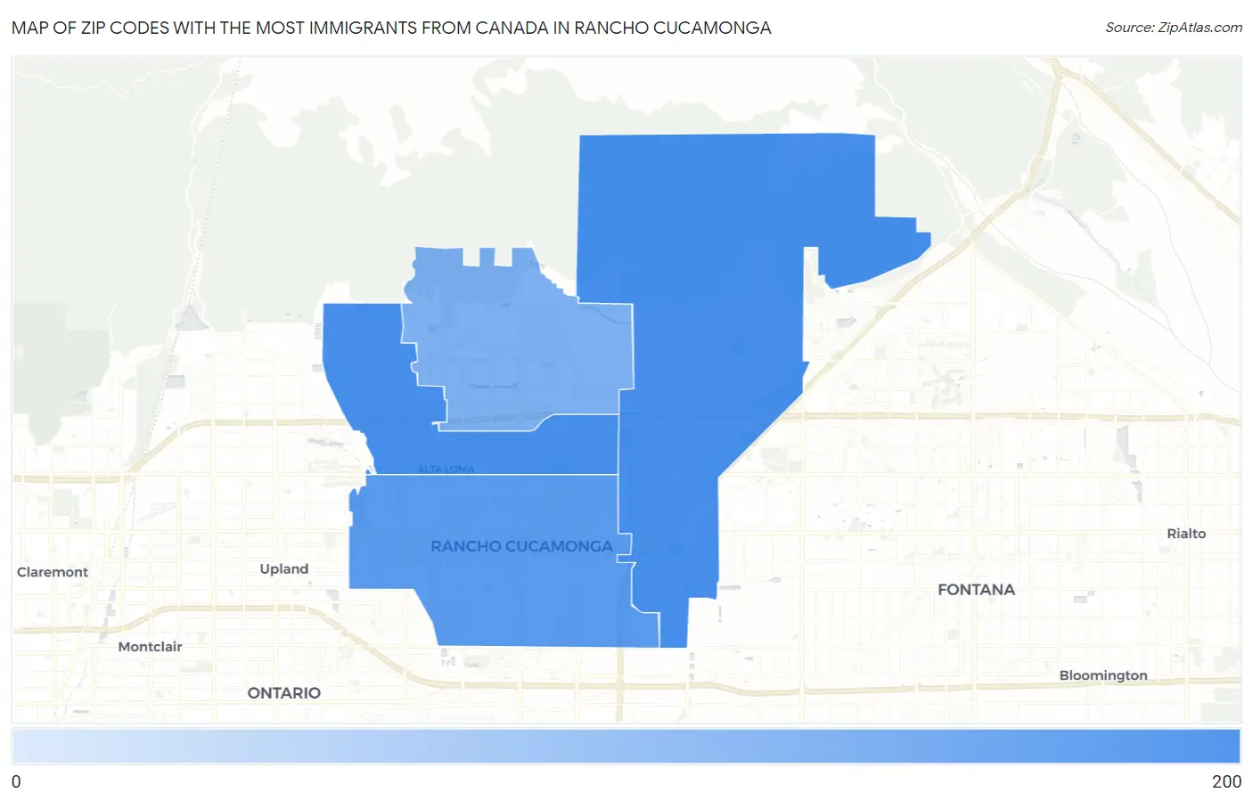 Zip Codes with the Most Immigrants from Canada in Rancho Cucamonga Map