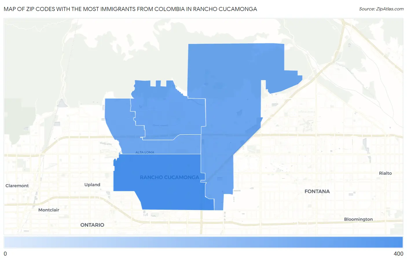 Zip Codes with the Most Immigrants from Colombia in Rancho Cucamonga Map