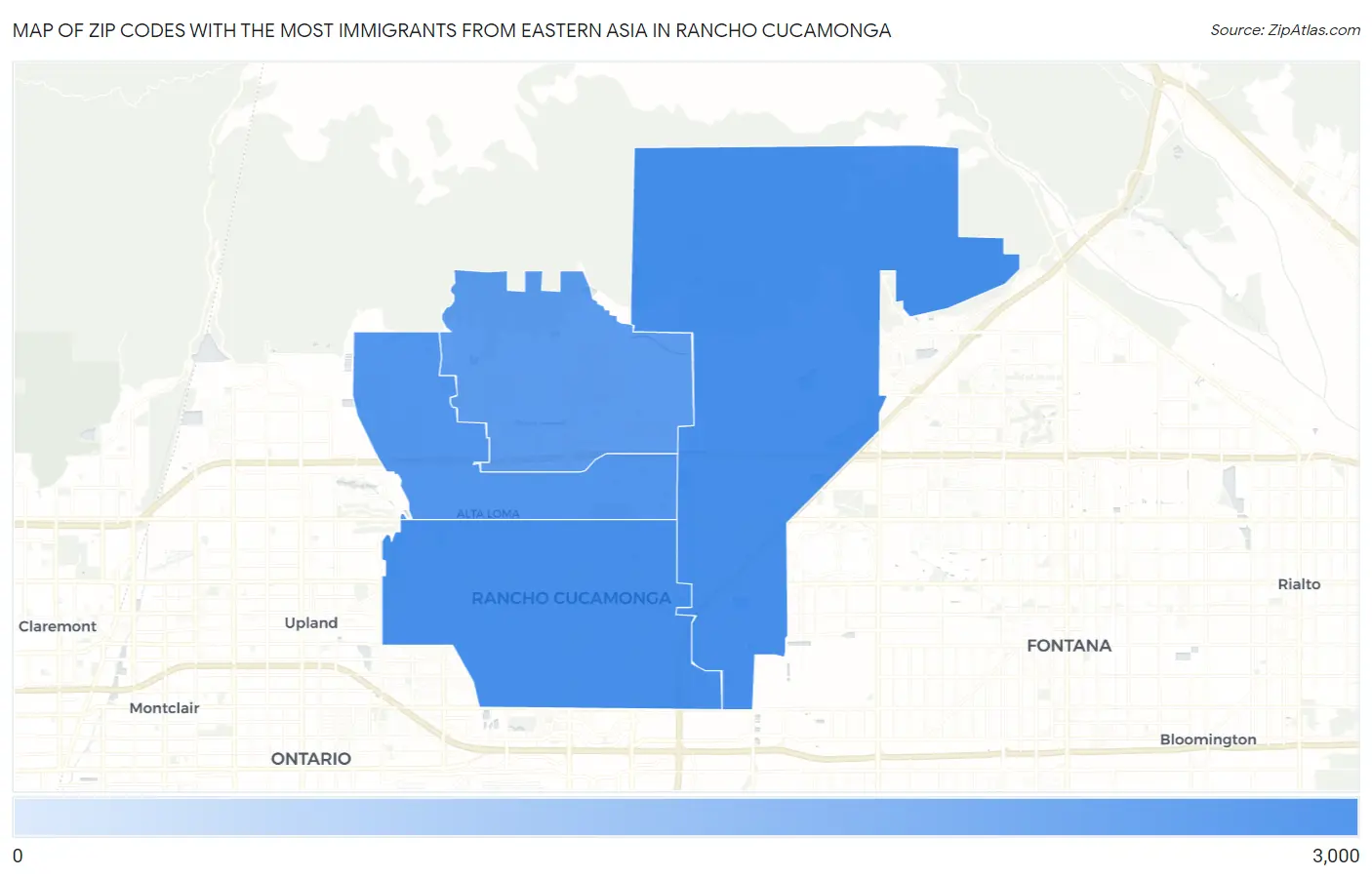 Zip Codes with the Most Immigrants from Eastern Asia in Rancho Cucamonga Map