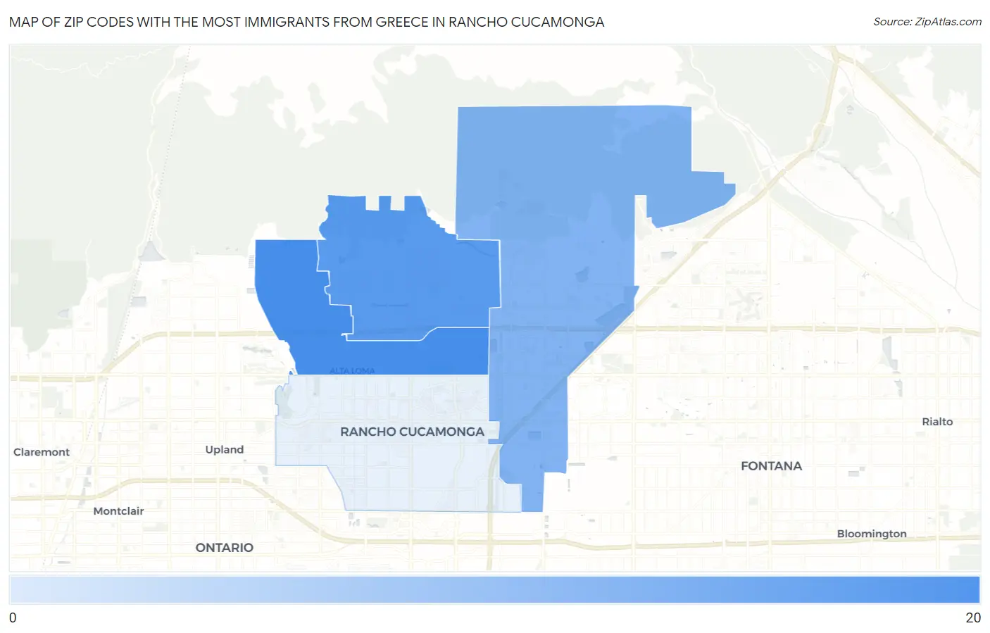 Zip Codes with the Most Immigrants from Greece in Rancho Cucamonga Map