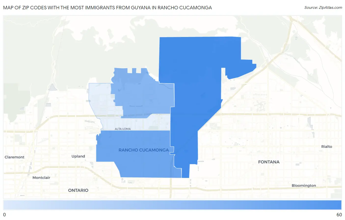 Zip Codes with the Most Immigrants from Guyana in Rancho Cucamonga Map