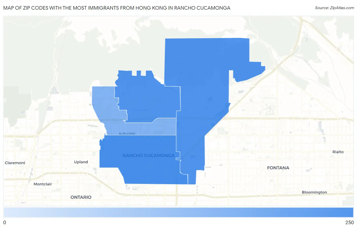 Zip Codes with the Most Immigrants from Hong Kong in Rancho Cucamonga Map