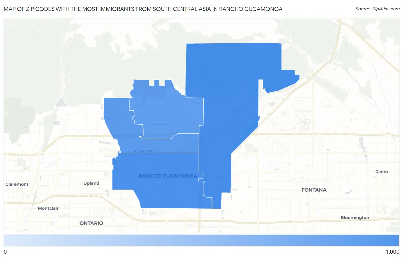 Zip Codes with the Most Immigrants from South Central Asia in Rancho Cucamonga Map