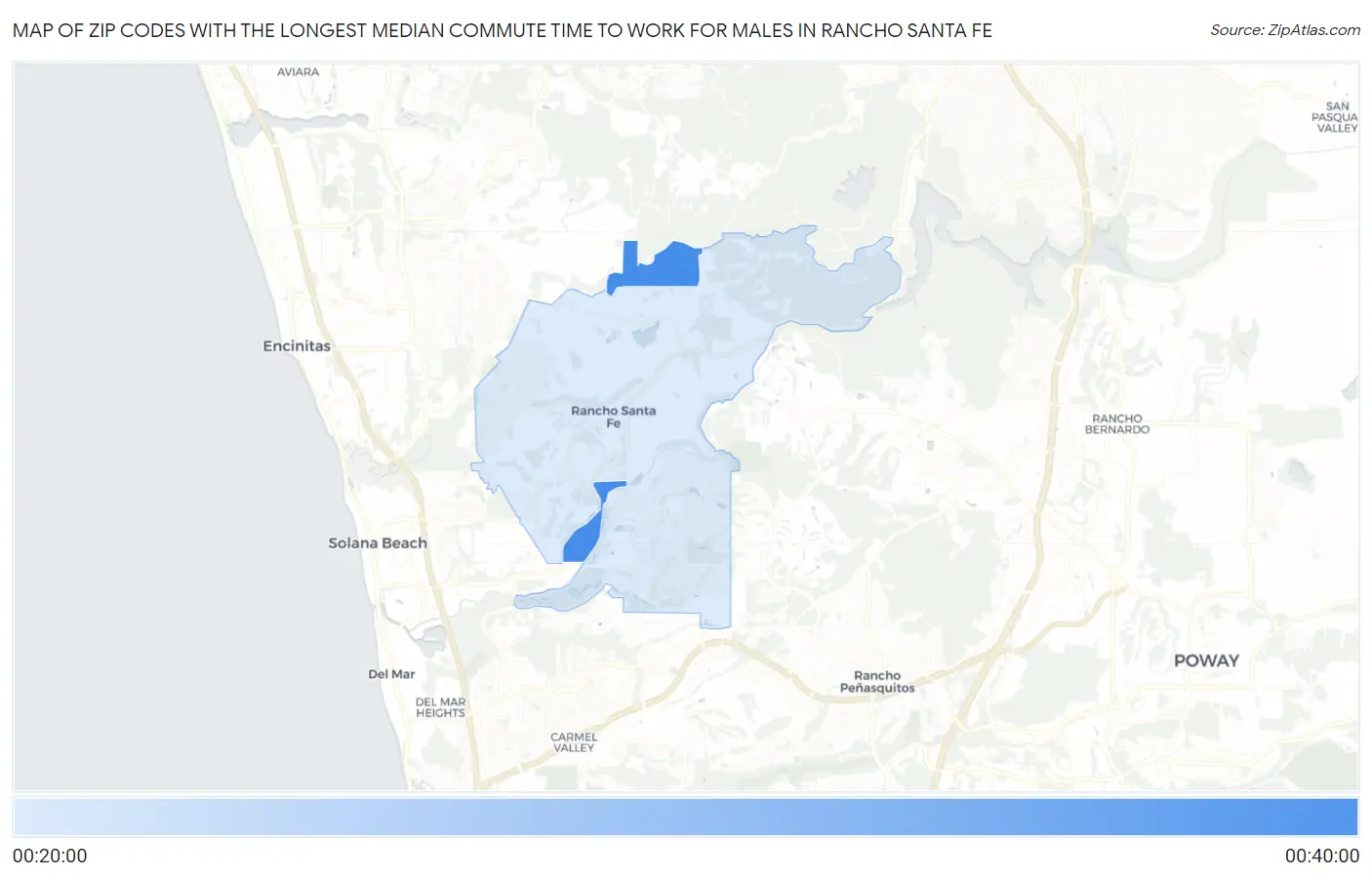 Zip Codes with the Longest Median Commute Time to Work for Males in Rancho Santa Fe Map