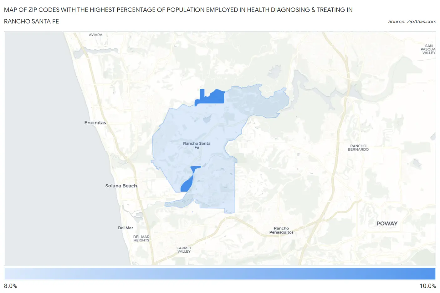 Zip Codes with the Highest Percentage of Population Employed in Health Diagnosing & Treating in Rancho Santa Fe Map