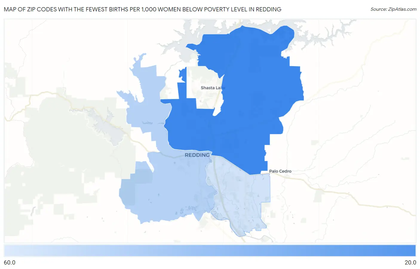 Zip Codes with the Fewest Births per 1,000 Women Below Poverty Level in Redding Map