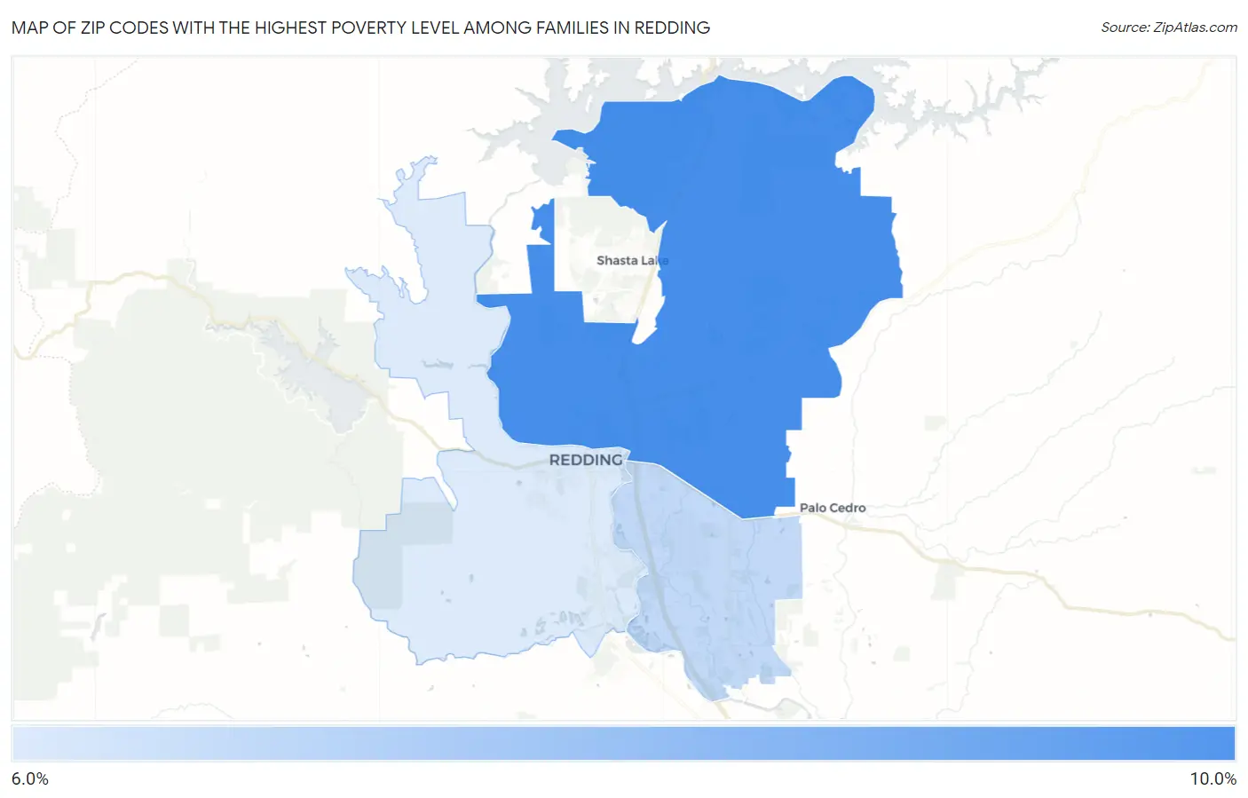 Zip Codes with the Highest Poverty Level Among Families in Redding Map