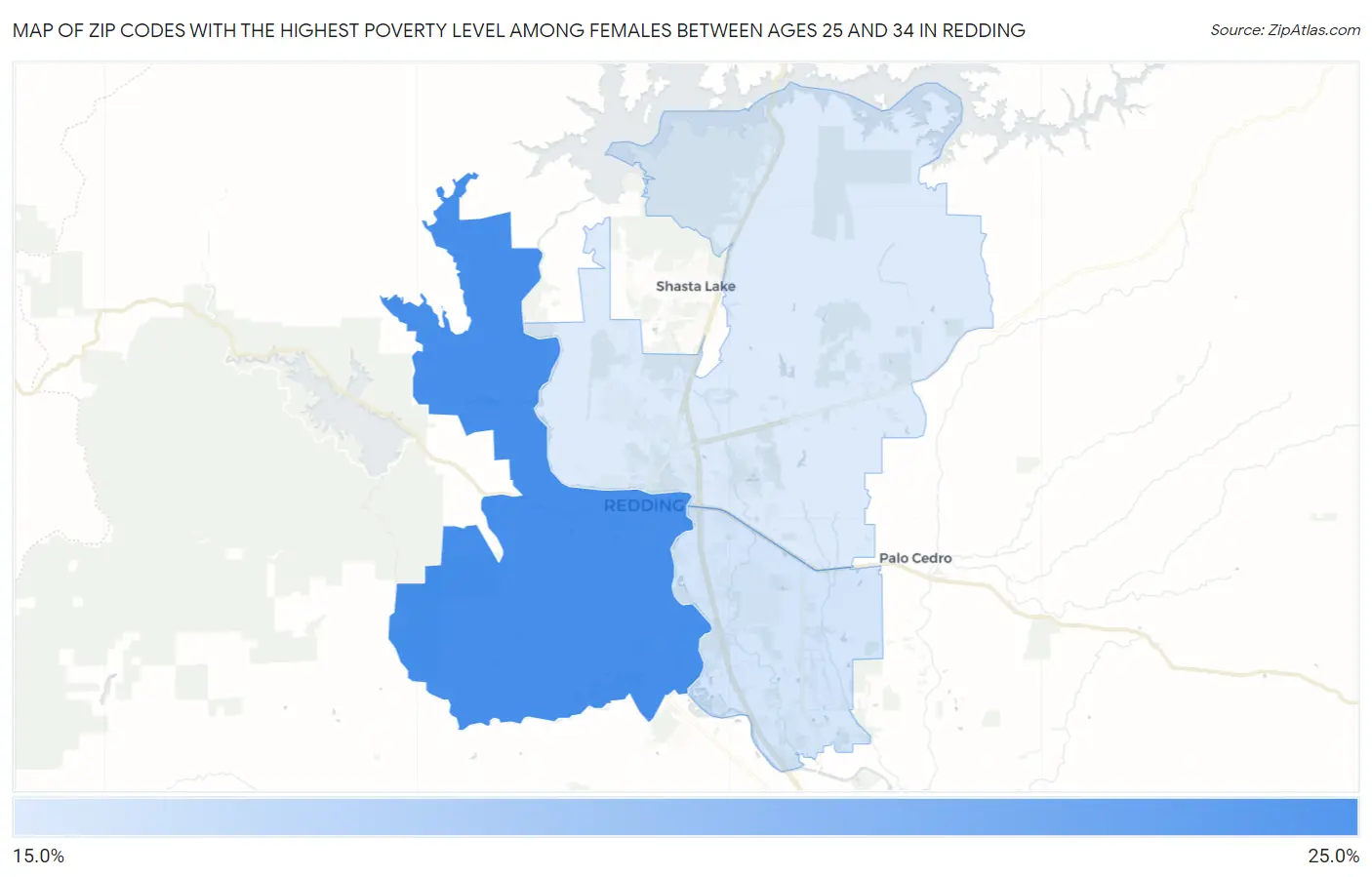 Zip Codes with the Highest Poverty Level Among Females Between Ages 25 and 34 in Redding Map