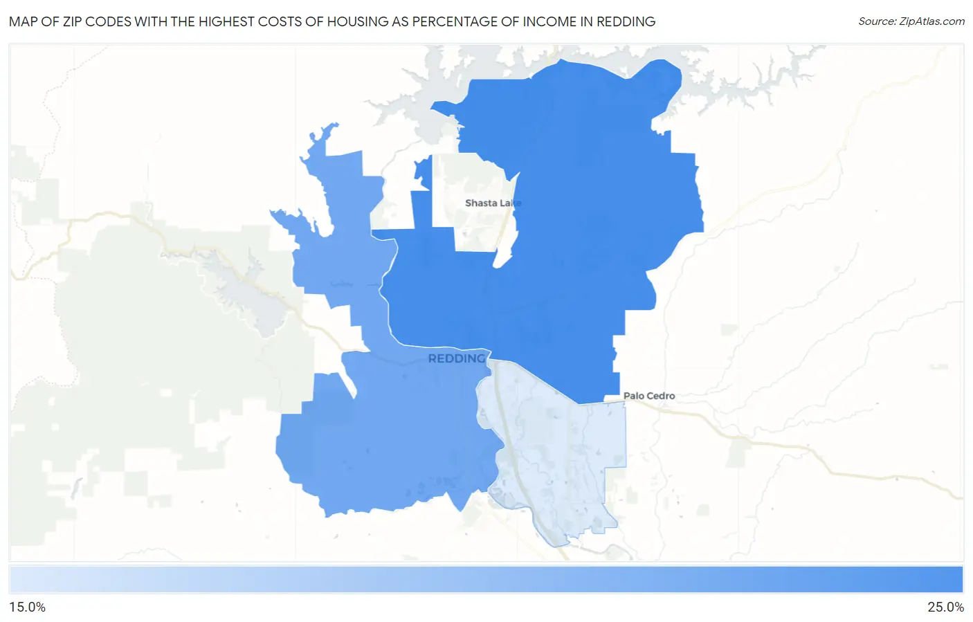 Zip Codes with the Highest Costs of Housing as Percentage of Income in Redding Map