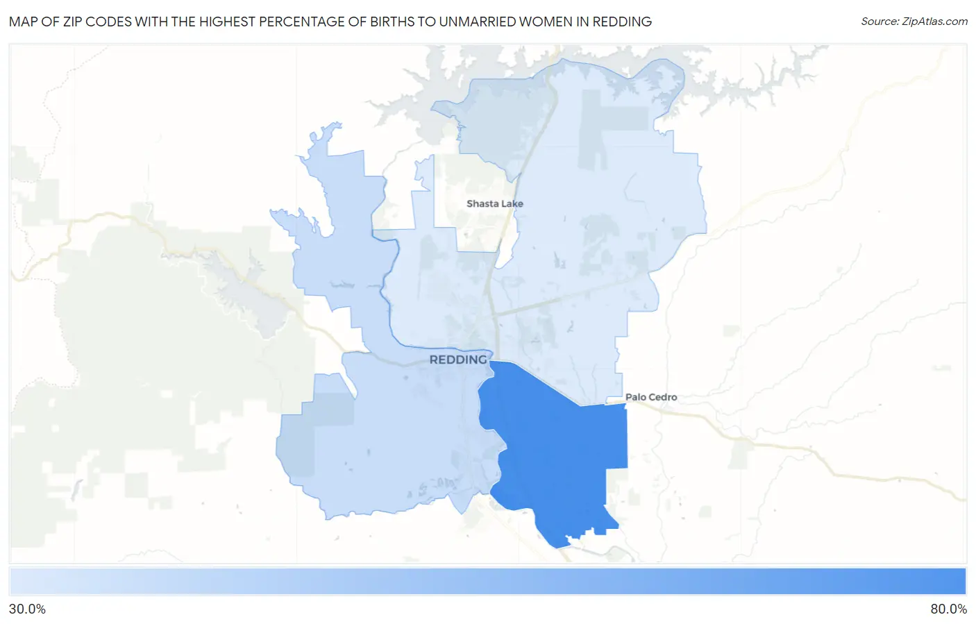Zip Codes with the Highest Percentage of Births to Unmarried Women in Redding Map