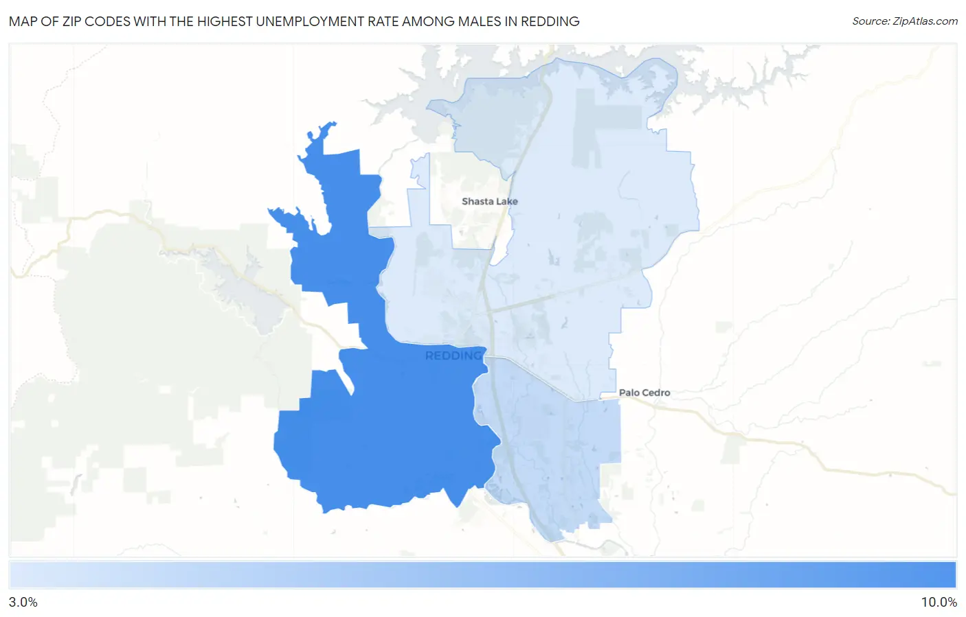 Zip Codes with the Highest Unemployment Rate Among Males in Redding Map