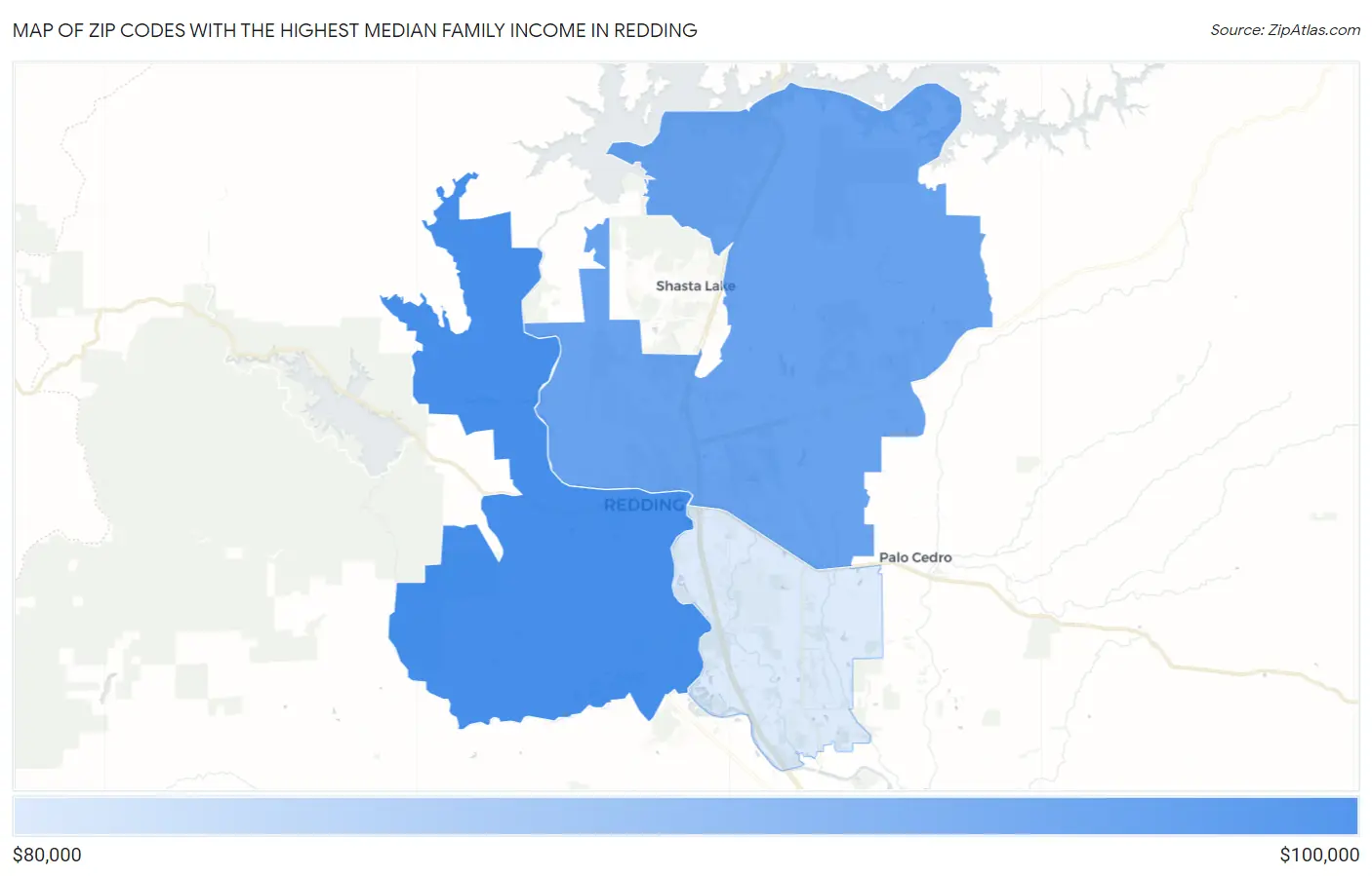 Zip Codes with the Highest Median Family Income in Redding Map